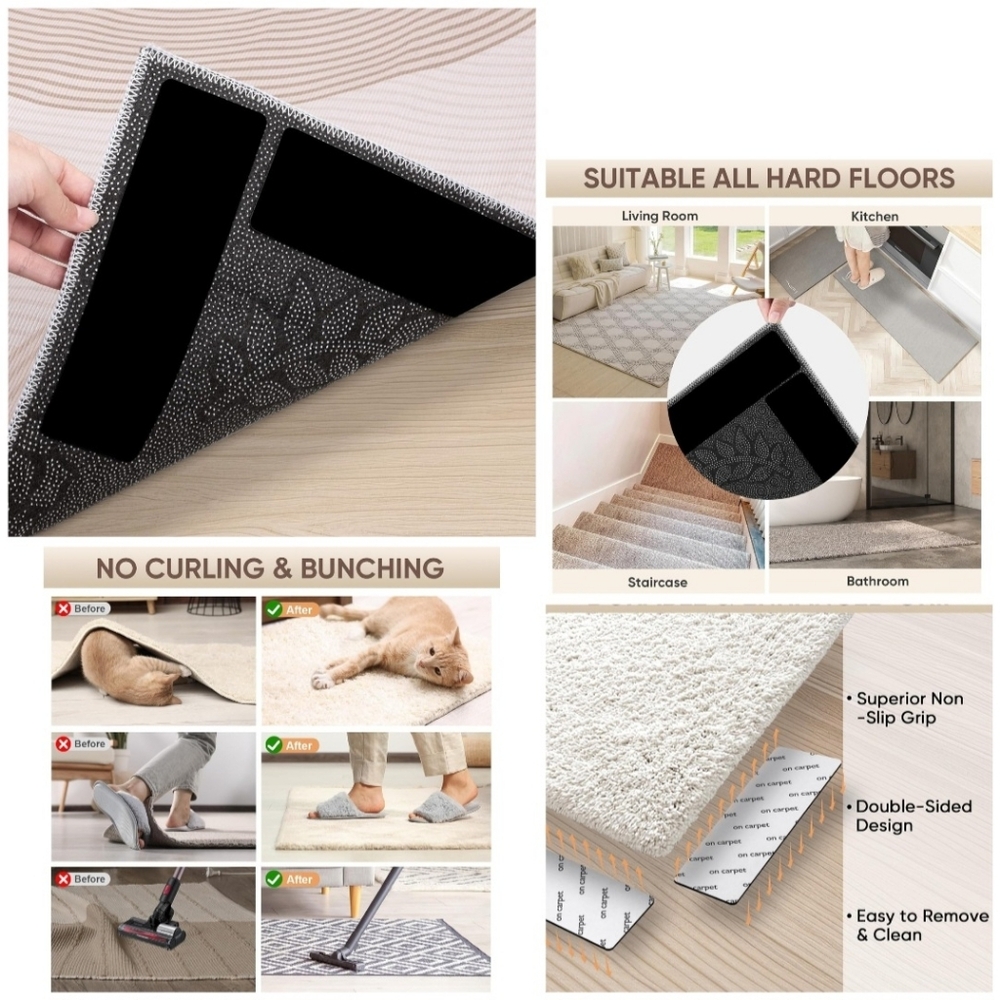 🍎 New 8 Pcs Tape Double Sided Strips Anti Slip/Curl Gripper Area Rugs Washable